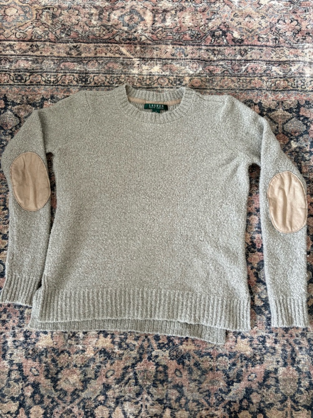 Ralph Lauren Classic Heathered Grey Crewneck Sweater with Tan Elbow Patches